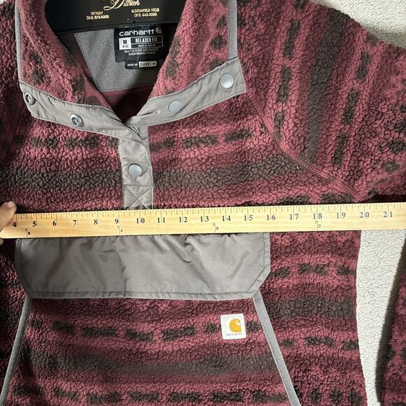 Carhartt Relaxed Fit Fleece Quarter-Snap Pullover Sz M Burgundy & Black Aztec - Picture 7 of 13